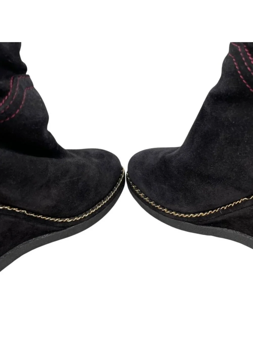 Chanel Long Boots CC Logo Chain Suede Black Gold 35.5